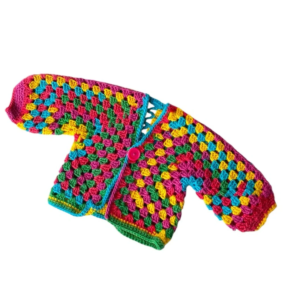 VINTAGE HANDMADE Crochet Sweater Cardigan Rainbow Hand Knit Handmade